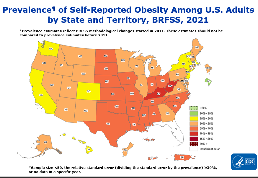 Self-Reported Obesity Adults by State BRFSS 2021